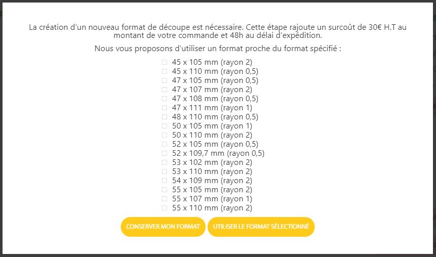 Formats approchants du module de devis d'étiquettes adhésives en ligne Yetiq.pro